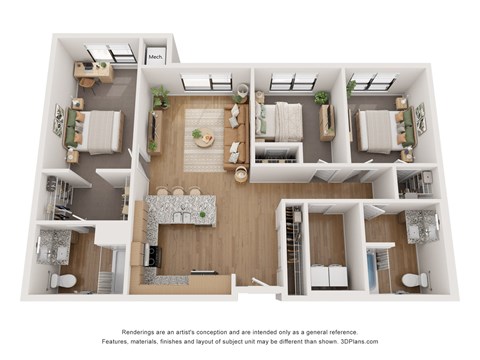Floor plan for 3 beds, 2 baths, 1332 sqft